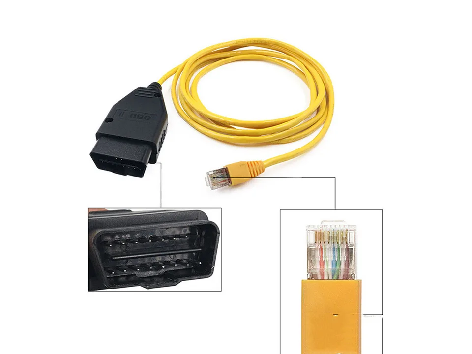OBD2 to Ethernet cable showing both the OBD2 connector and the RJ45 Ethernet plug in detail.