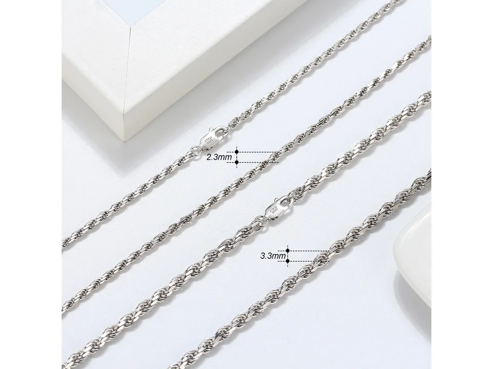 Close-up of two silver rope chains showing their thickness in millimeters.
