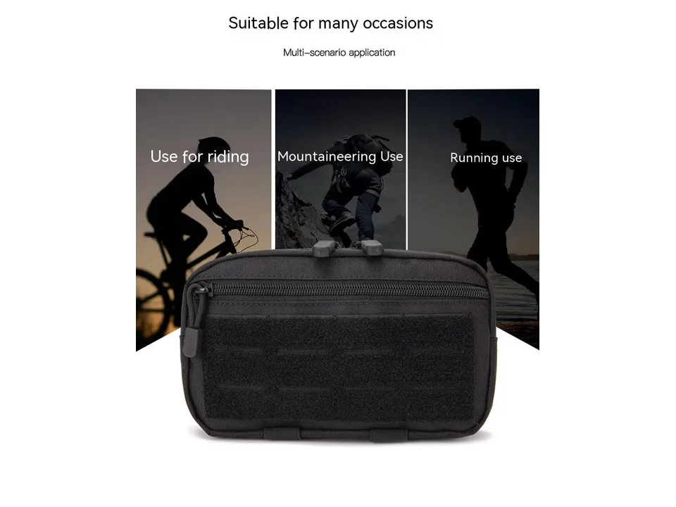Tactical waist pack shown with silhouettes of people riding, climbing, and running.