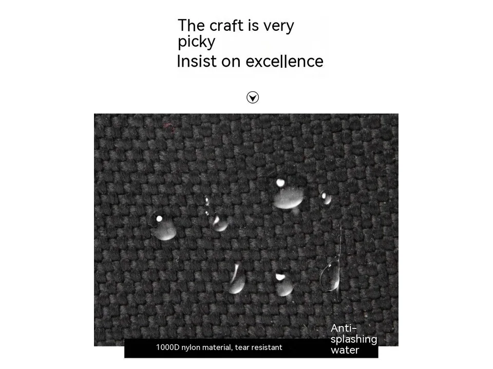 Close-up of the black nylon fabric with water droplets on the surface.