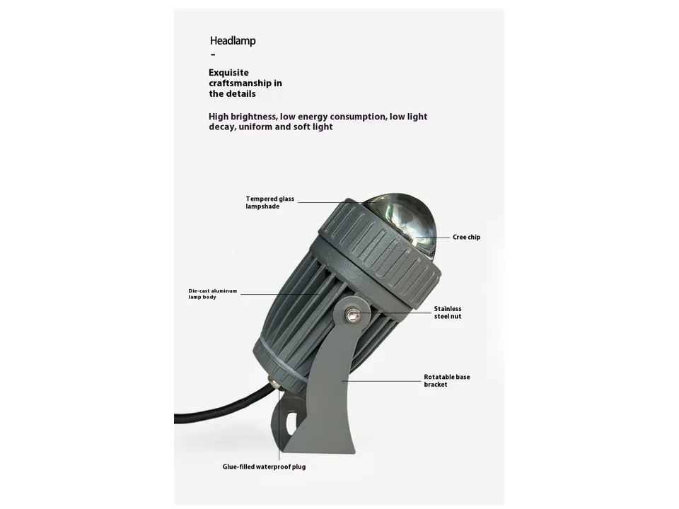 Detailed view of the LED spotlight highlighting the tempered glass lens, aluminum body, and rotatable bracket.