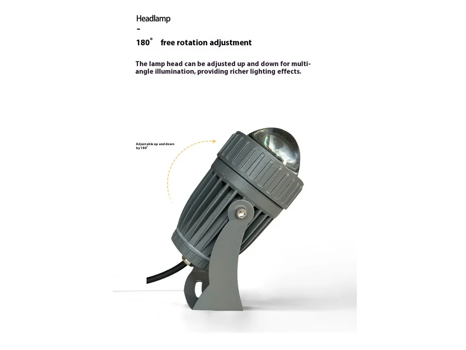 Close-up of the outdoor LED spotlight showing its 180-degree adjustable head.