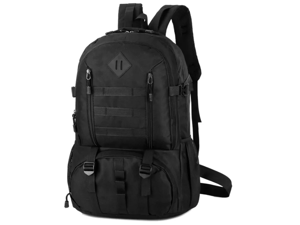 Front view of a black outdoor travel backpack.