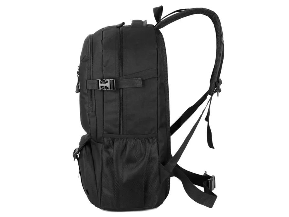 Side view of the black backpack showing side compression straps and mesh pocket.