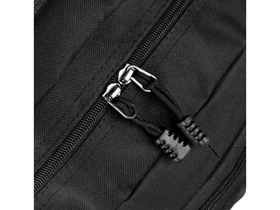 Close-up of the black backpack zipper pulls.