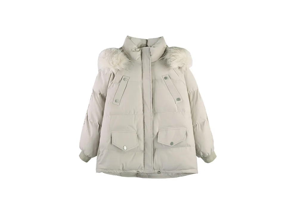 Beige hooded puffer parka coat with faux fur trim on a white background.