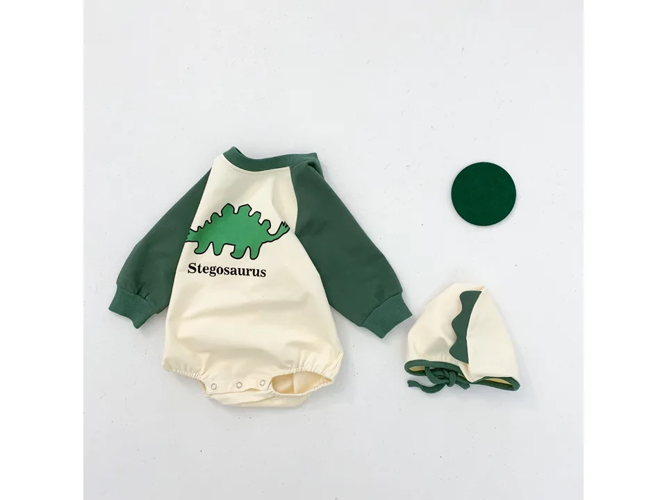 Green baby jumpsuit with a Stegosaurus print and a matching hood.