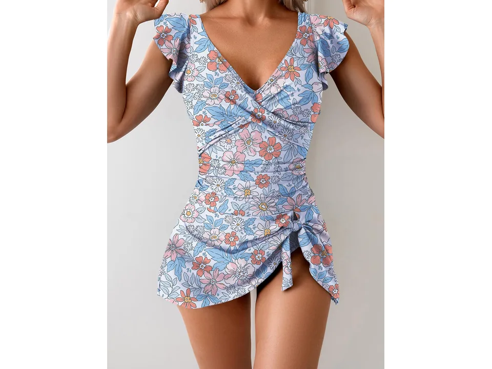 Front view of a floral print one-piece swimsuit with ruffle sleeves and a skirted bottom.