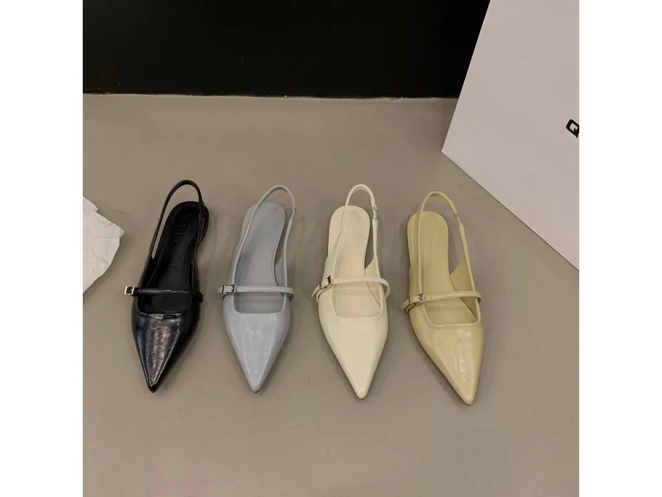 Four pairs of pointed toe slingback sandals in black, light blue, white, and beige.