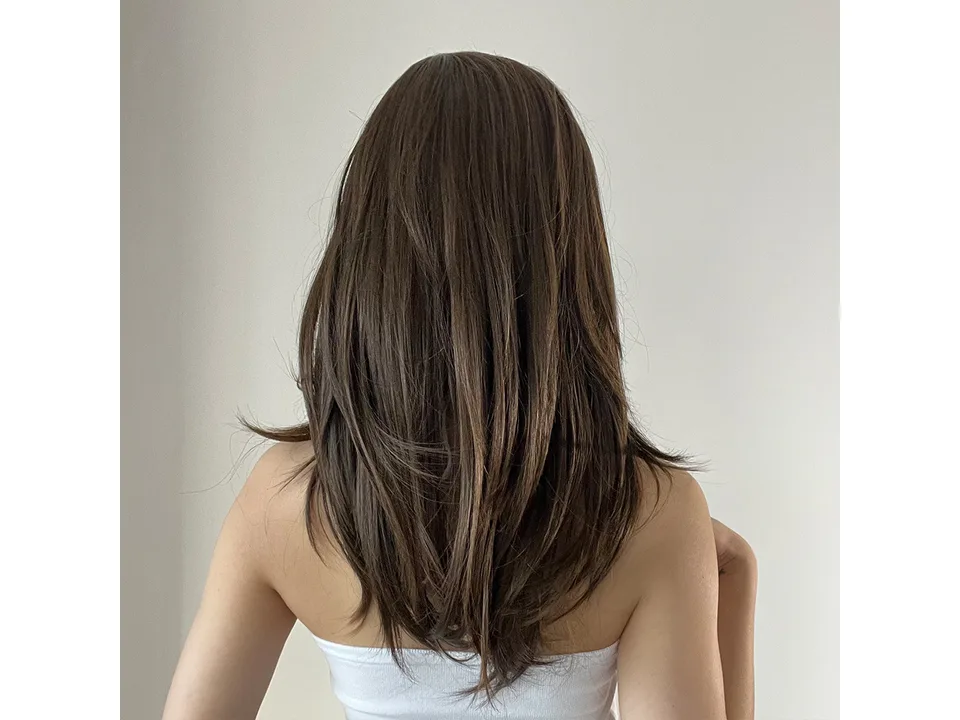 Back view of a person wearing a long brown wig with layered ends.
