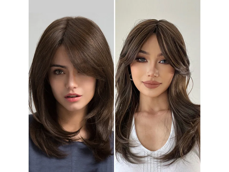 A model wearing a long brown wig with side bangs, shown from two different angles.