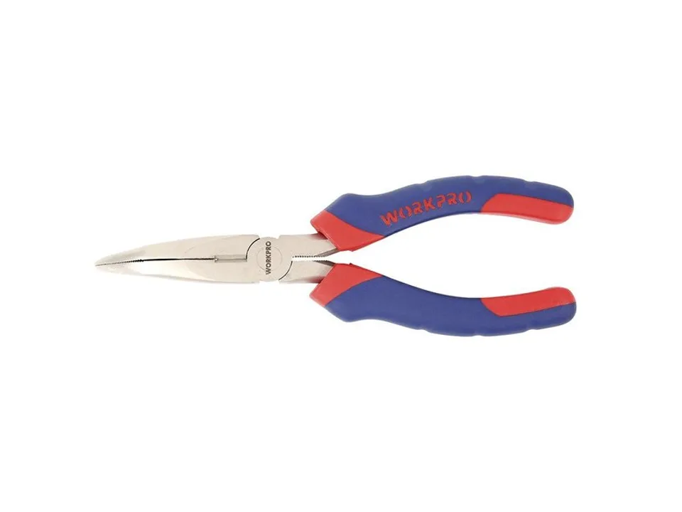 Curved nose pliers with blue and red handles on a white background.