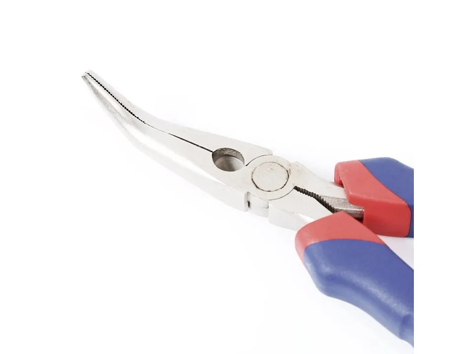 Close-up view of the curved nose pliers tip and hinge mechanism.