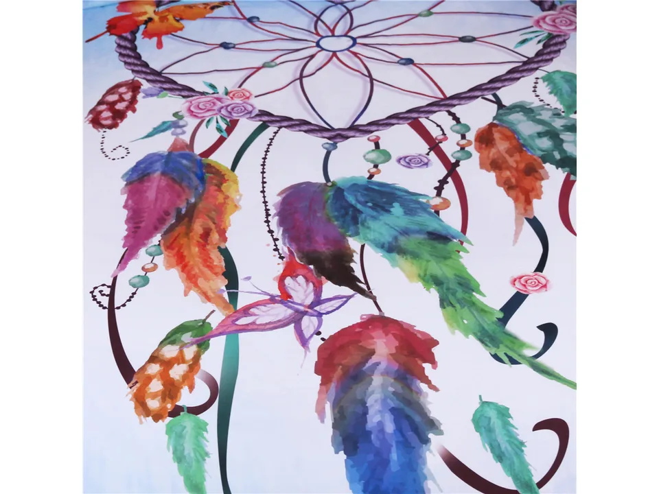 Close-up of the colorful dreamcatcher print on the duvet cover.