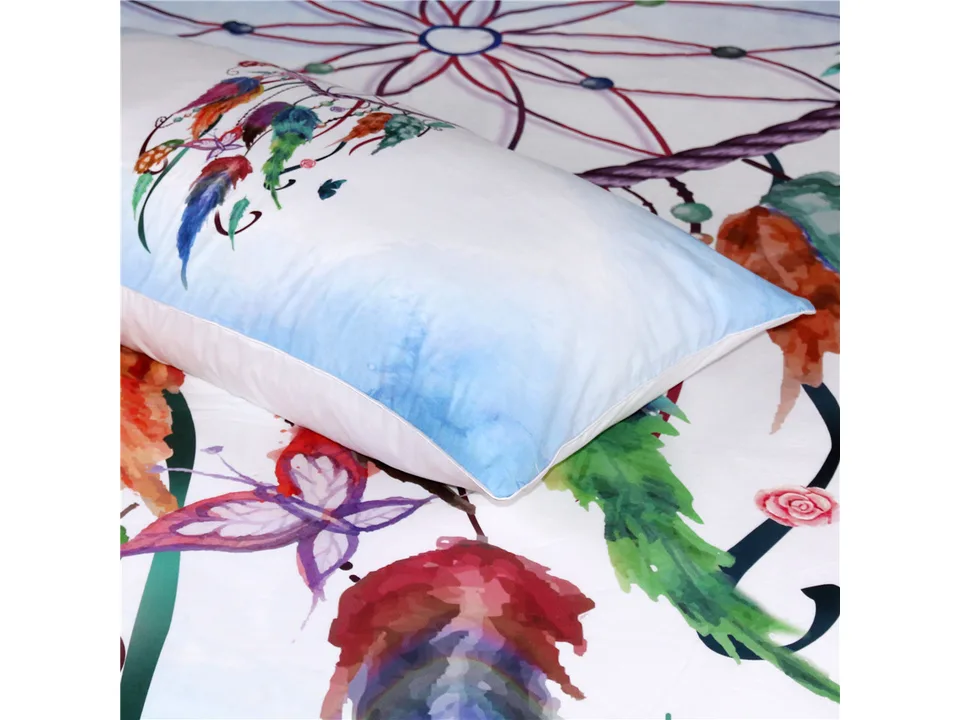 Close-up of a pillowcase with the dreamcatcher print.