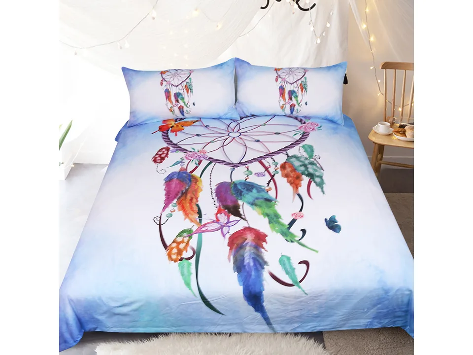 Full view of the dreamcatcher print duvet cover and pillowcases on a bed.