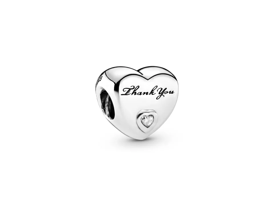 Silver heart-shaped charm bead engraved with 'Thank You' and a small clear stone.