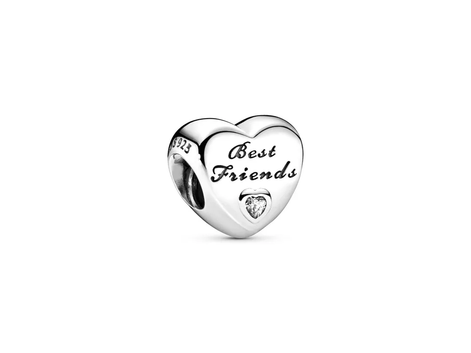 Silver heart-shaped charm bead engraved with 'Best Friends' and a small clear stone.