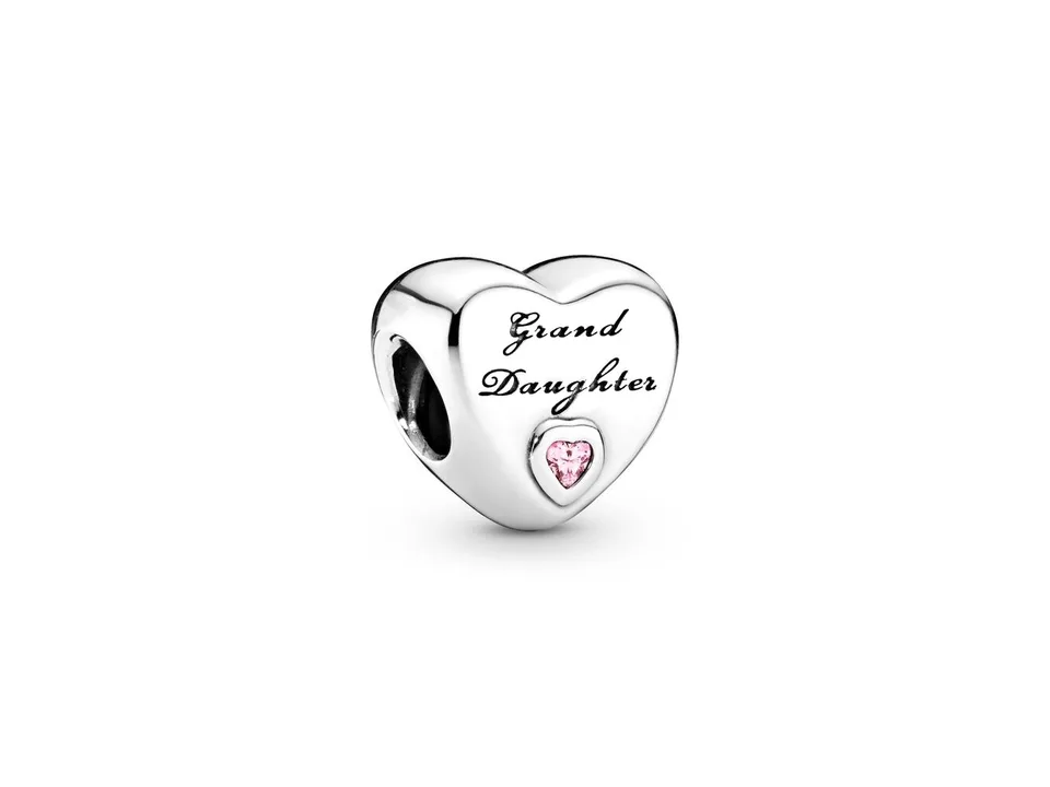 Silver heart-shaped charm bead engraved with 'Grand Daughter' and a small pink stone.