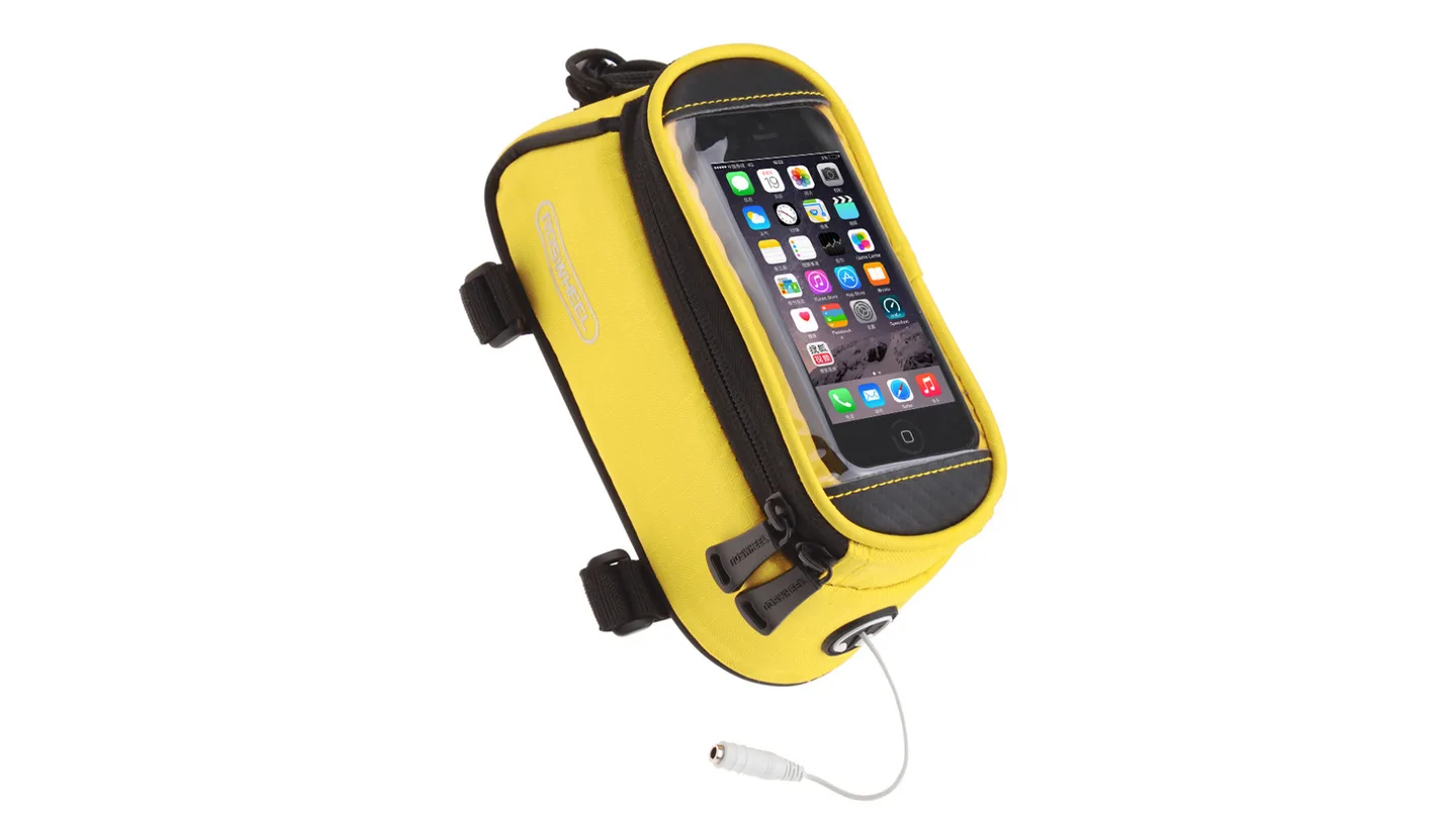 Yellow bicycle top tube bag with a clear phone holder window and audio cable port.
