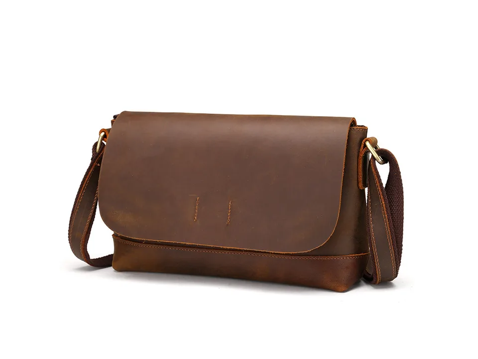 Brown leather messenger bag with shoulder strap