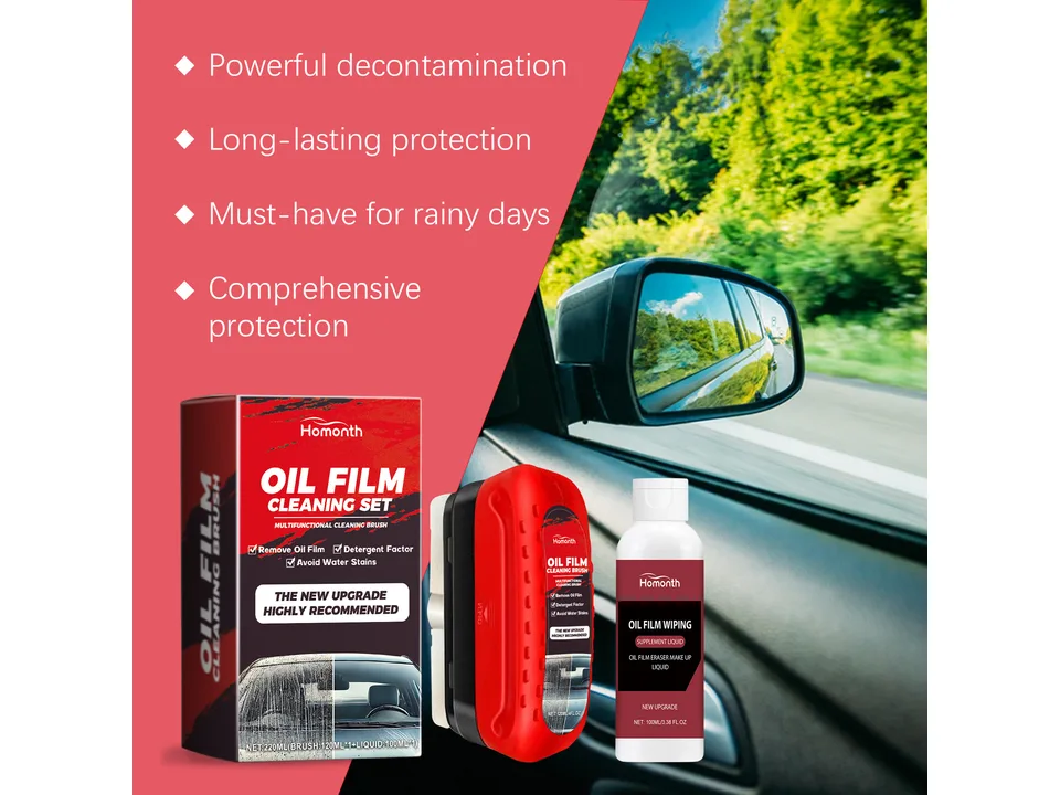 Car windshield oil film cleaning set including box, brush, and liquid, with a car side mirror in the background.