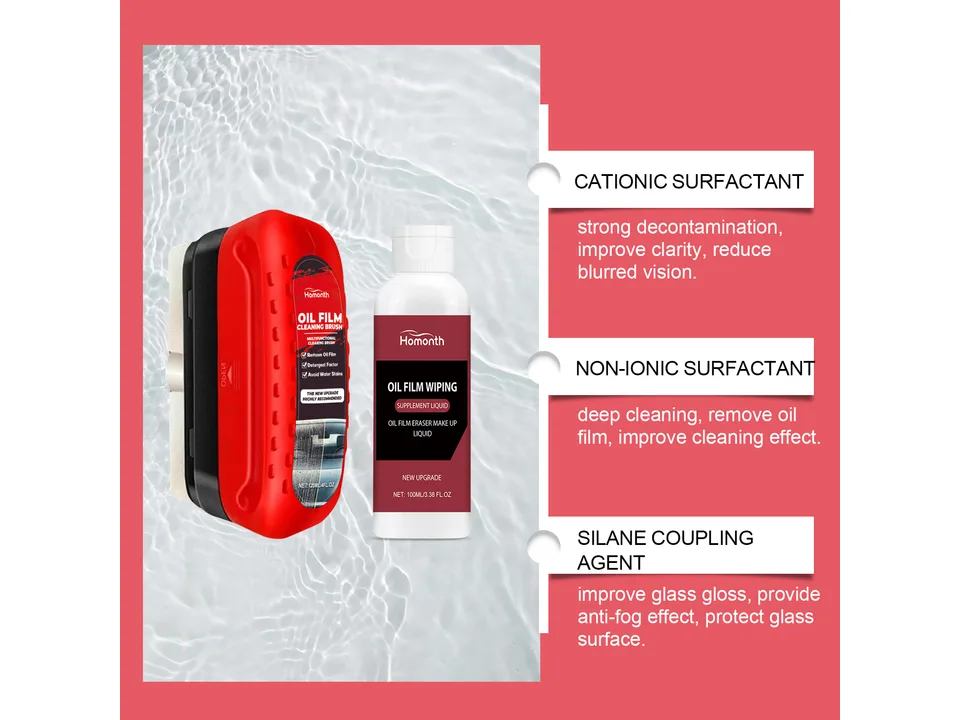 Car windshield oil film cleaning brush and supplement liquid bottle with ingredient descriptions.