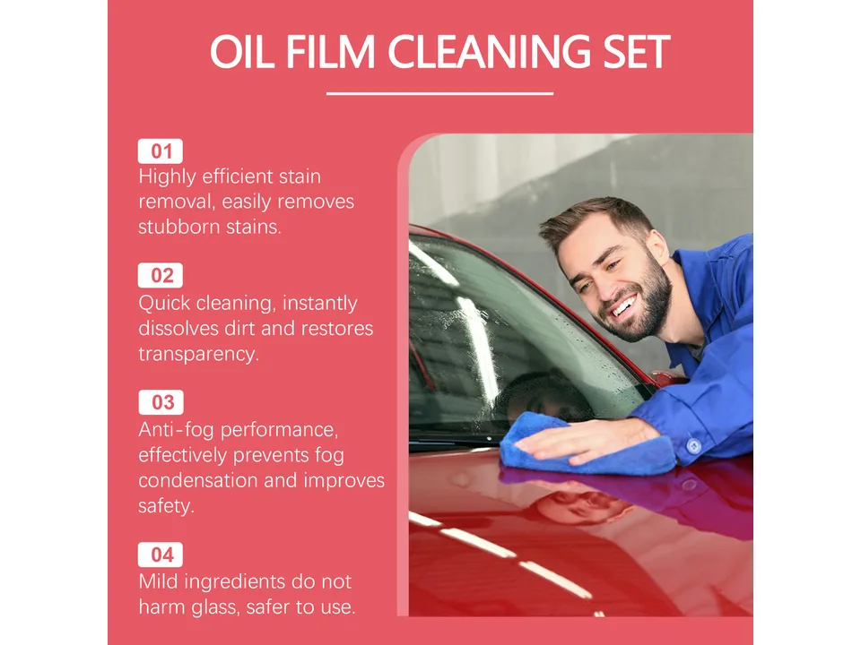 A person cleaning a car windshield with the oil film remover product.