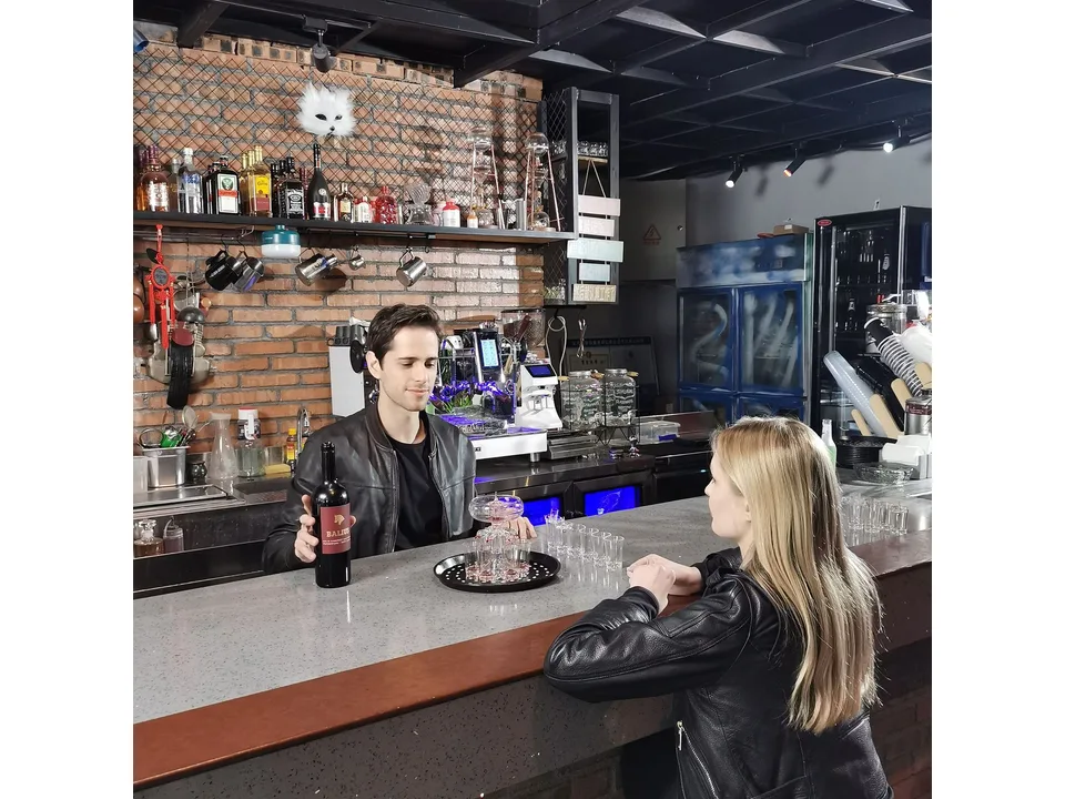 A bartender and a customer at a bar with the shot glass dispenser set on the counter.