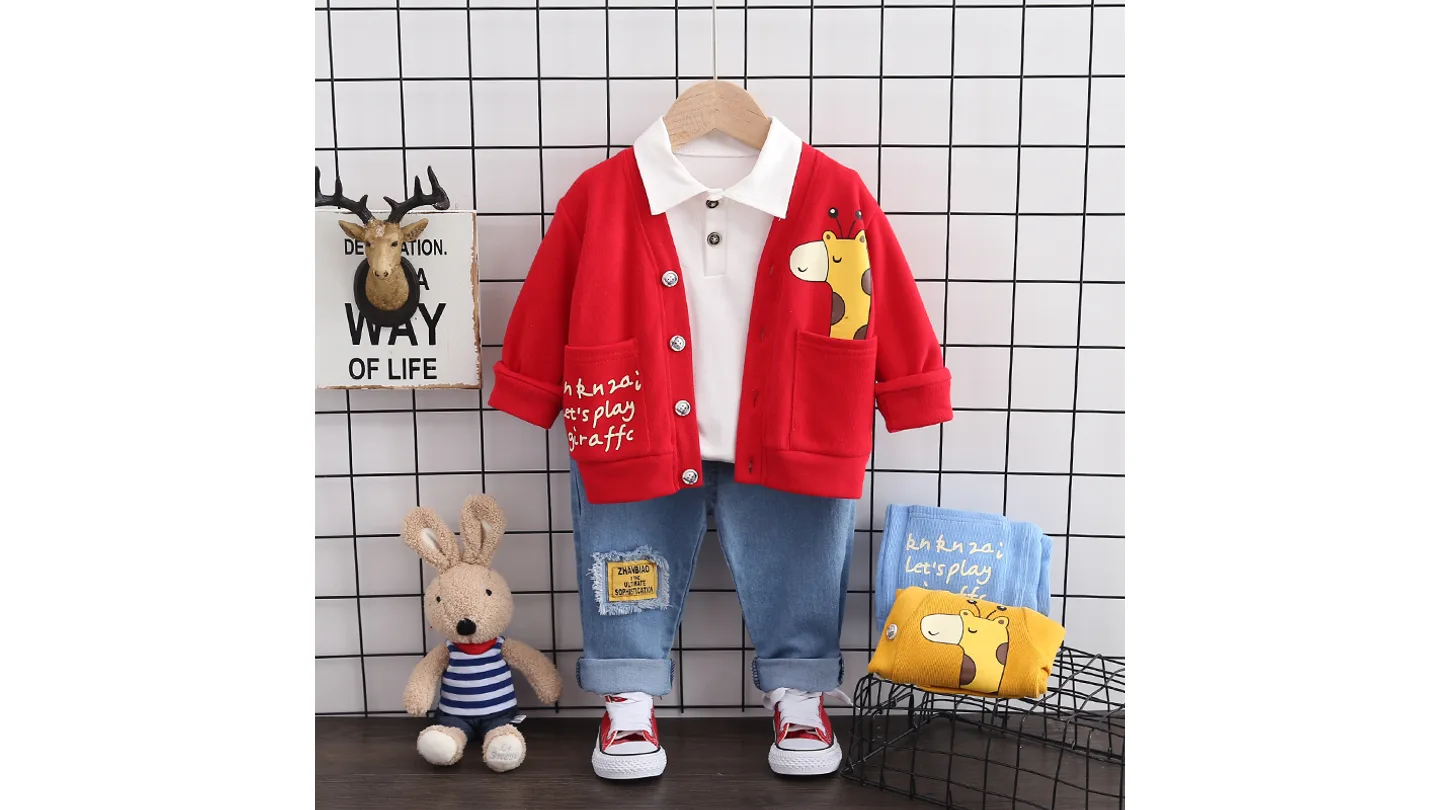 A three-piece children's clothing set featuring a red jacket, white shirt, and blue jeans displayed on a hanger.