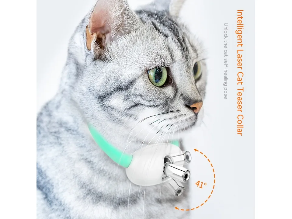 A cat wearing the mint green laser teaser collar, showing the adjustable laser angle.