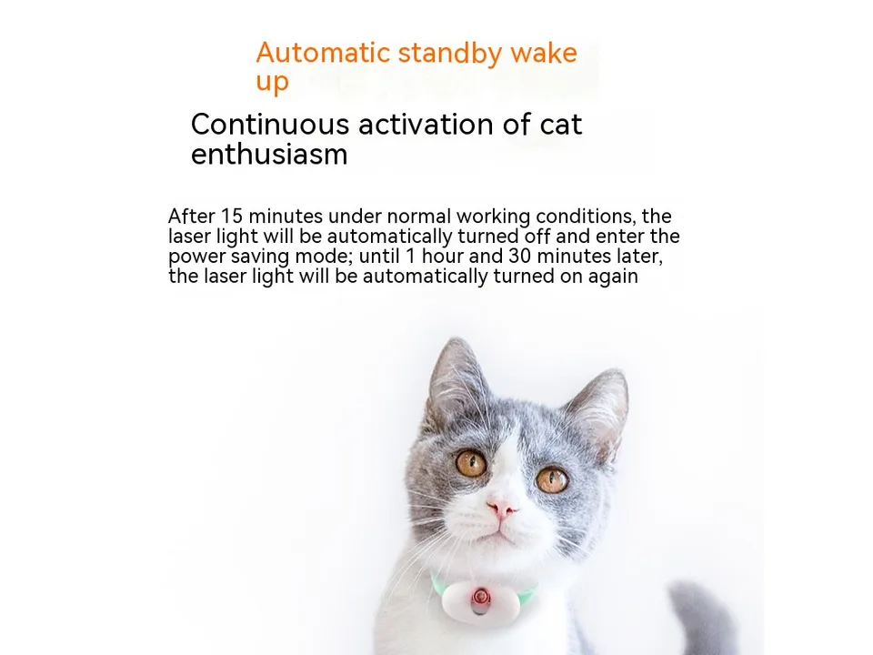 A cat wearing the laser collar with text explaining the automatic standby and wake-up feature.