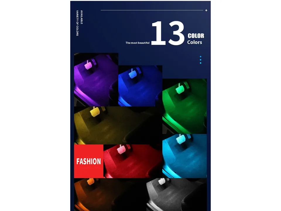 Collage showing the car interior illuminated in various colors like blue, green, red, and yellow.