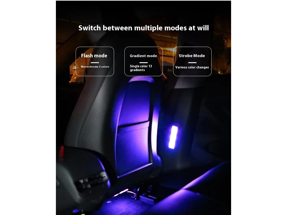 Car interior showing the LED light in action with text explaining flash, gradient, and strobe modes.