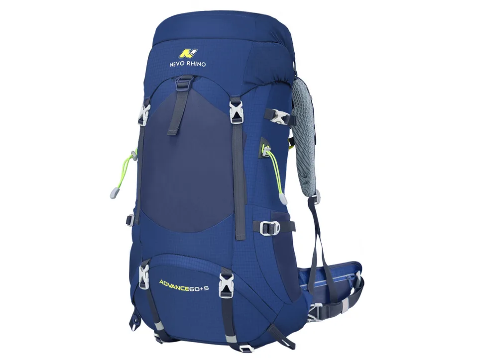 Blue hiking backpack, side view