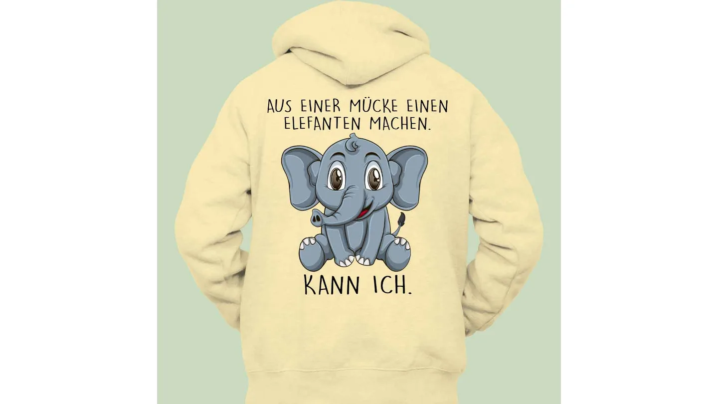 Back view of a light yellow hoodie featuring a cartoon elephant graphic and German text.