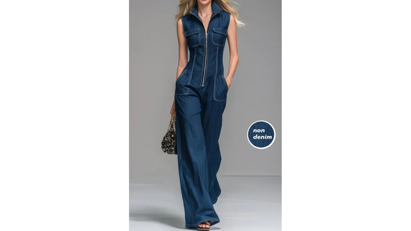 A model wearing a sleeveless, zip-front denim-style jumpsuit.