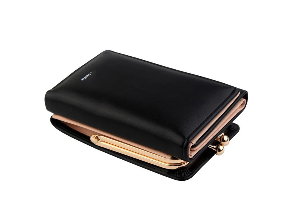Black leather coin purse with gold kiss lock clasp