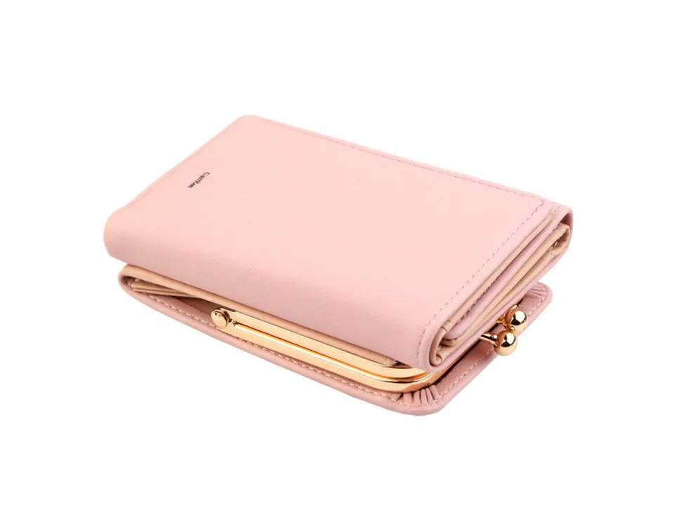 Pink leather coin purse with gold kiss lock clasp