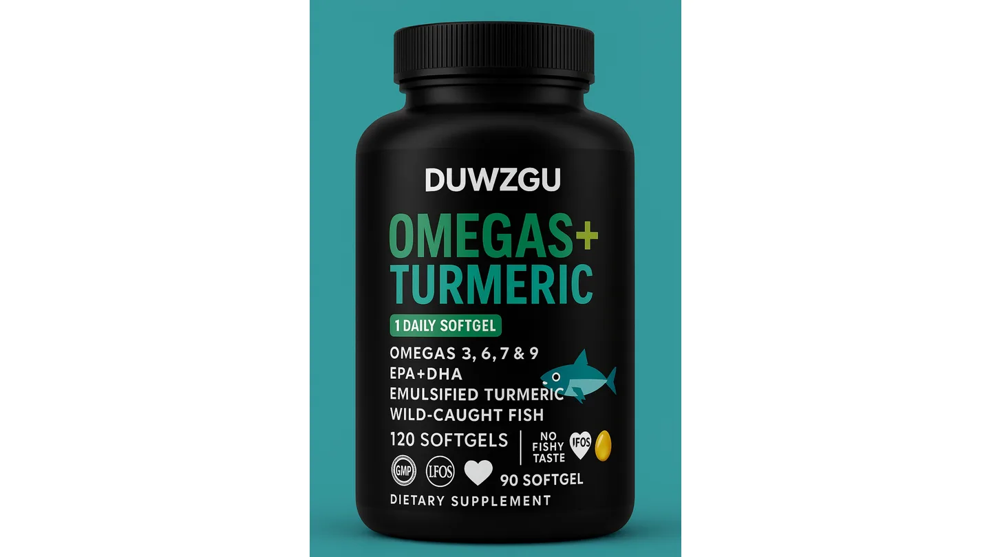 A black bottle of Duwzgu Omegas + Turmeric dietary supplement softgels.