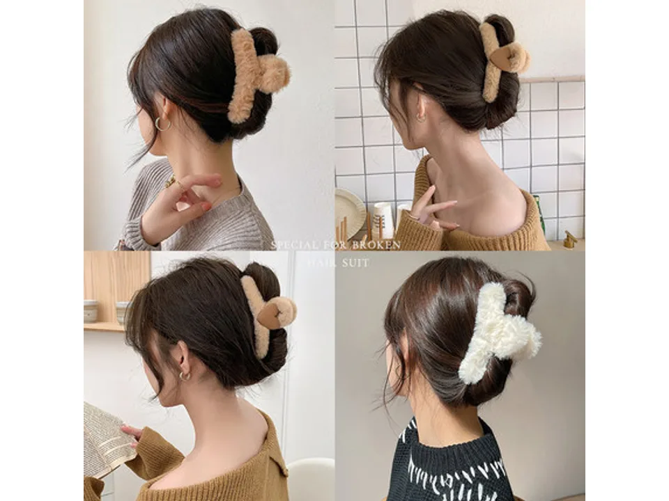 Four different fuzzy hair claw clips shown in use on models' hair.