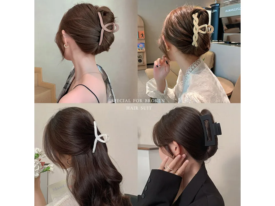 Four different styles of hair claw clips shown in use on models' hair.