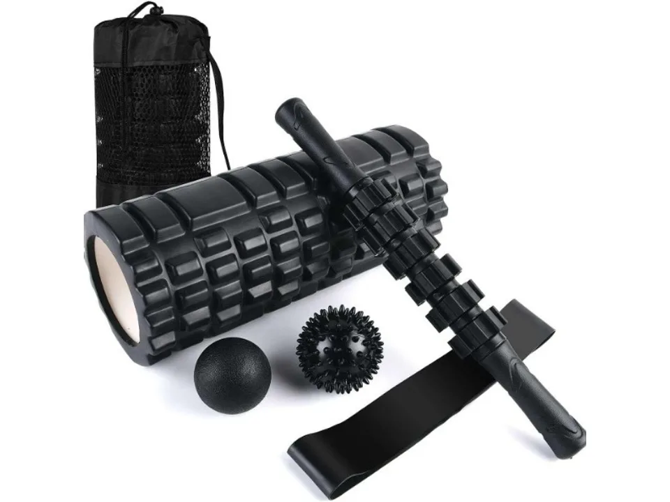 Black foam roller, massage stick, smooth ball, spiky massage ball, resistance band, and carrying bag.