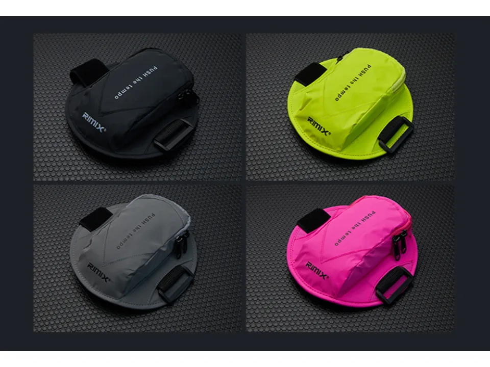 Four different color variations of the sports arm bag displayed together.
