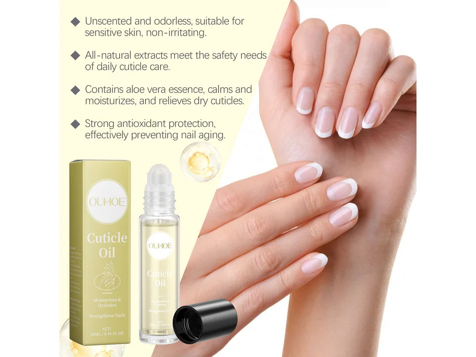 Cuticle oil roller bottle and box next to well-manicured hands.