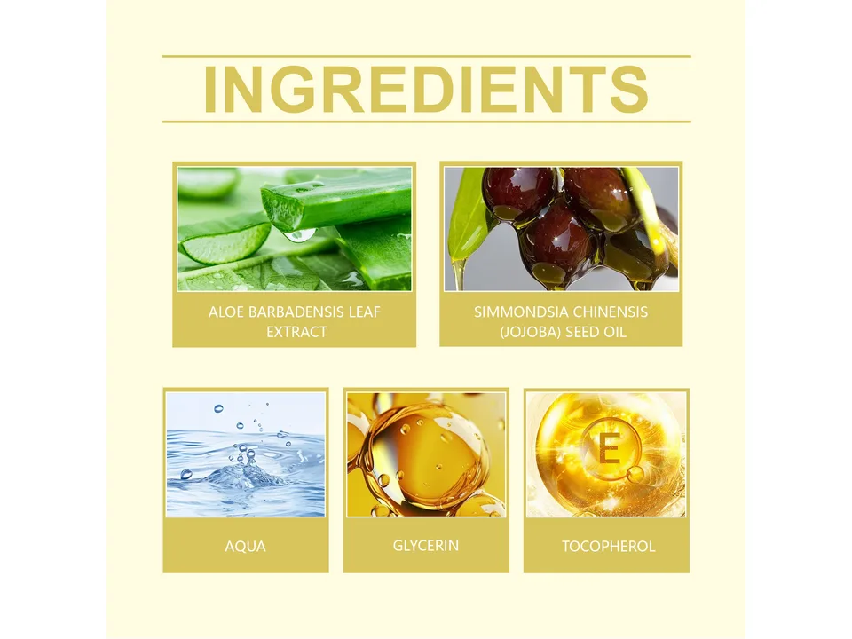 Collage showing aloe vera, jojoba oil, water, glycerin, and vitamin E as ingredients.