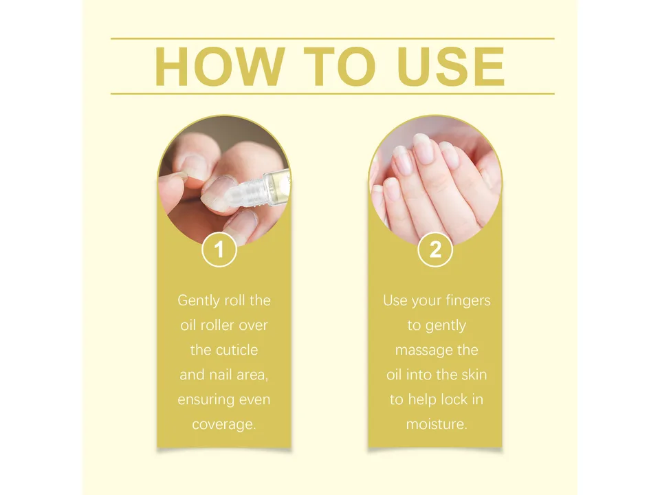 Two-step guide showing how to apply the cuticle oil roller.