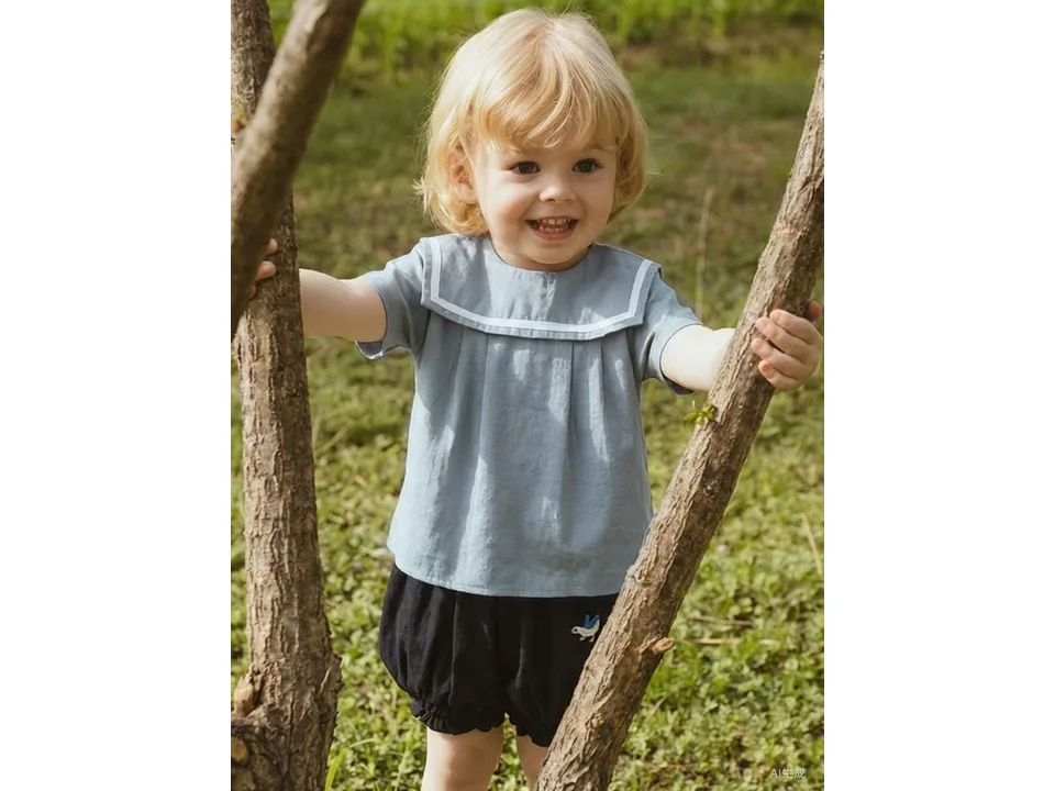 A child wearing the blue sailor collar shirt.