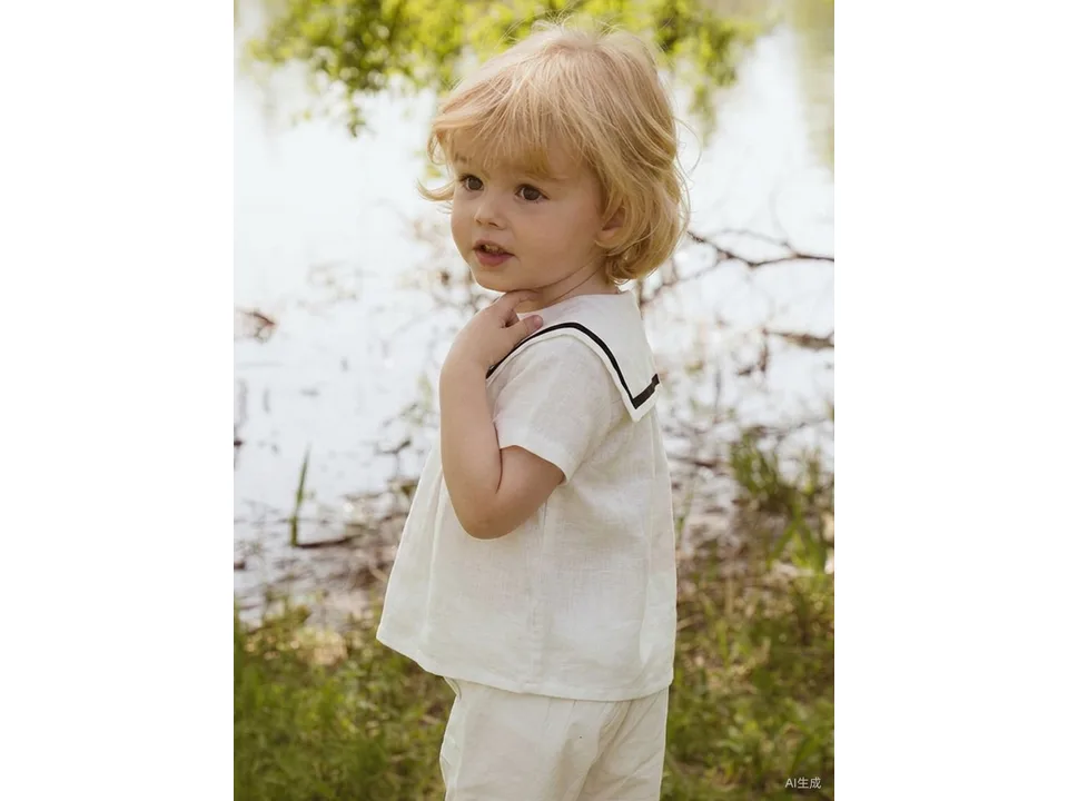 Side view of a child wearing the white sailor collar shirt.