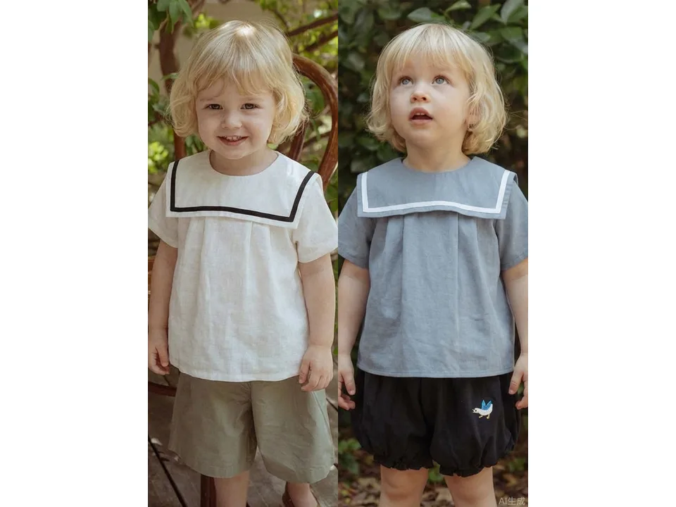 Two children wearing the sailor collar shirt in white and blue.